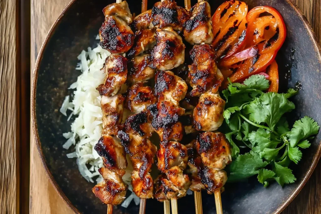 Grilled Thai Coconut Chicken Skewers served with rice, charred peppers, and fresh cilantro