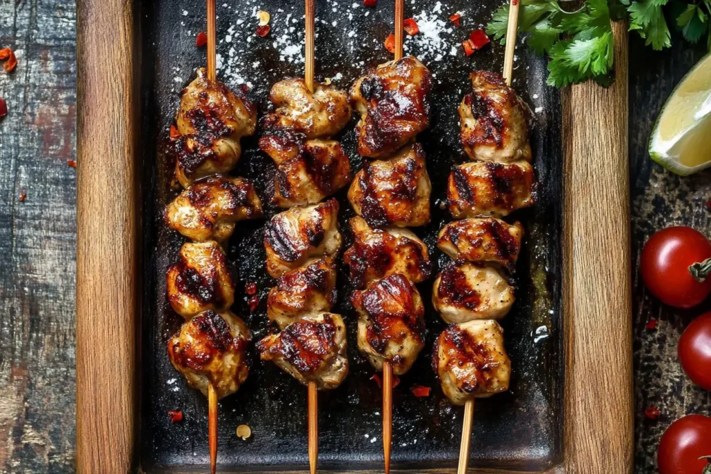 Grilled Thai Coconut Chicken Skewers sizzling with a sticky coconut glaze on a wooden tray