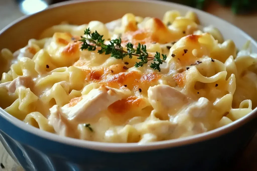 Close-up of Dolly’s Creamy Chicken Noodle Casserole with melted cheese and fresh herbs in a blue baking dish.