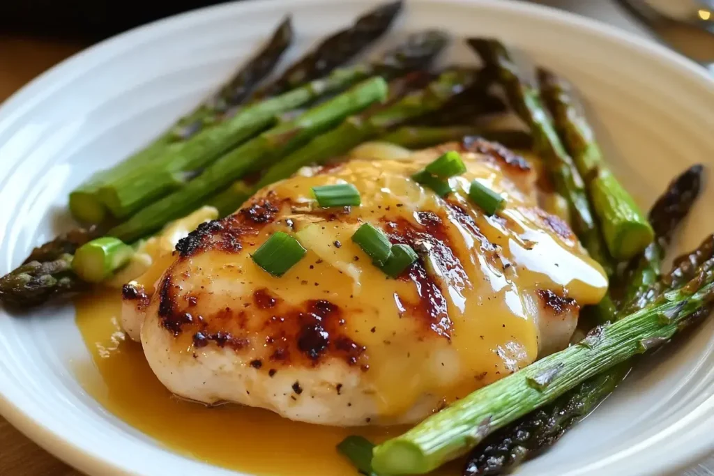 Grilled honey mustard chicken with roasted asparagus and cheese on a white plate