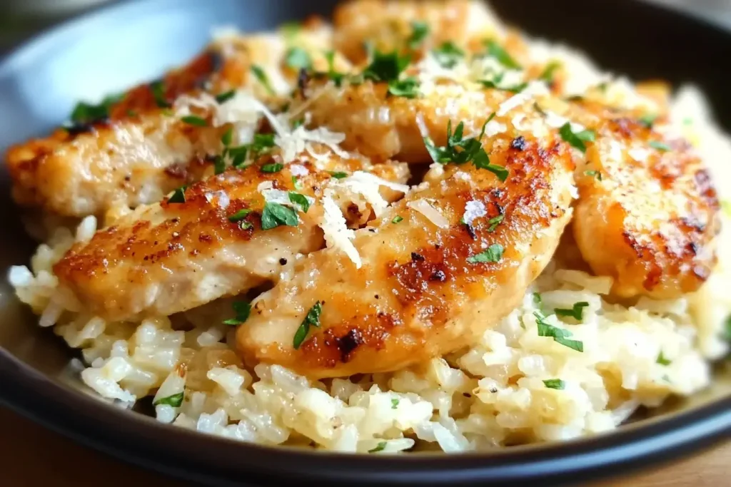 Close-up of Chicken Scampi with Garlic Parmesan Rice topped with Parmesan and parsley