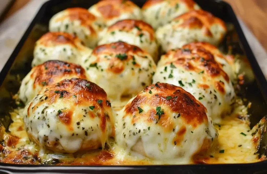 Melted Mozzarella and Ranch Chicken Bombs fresh out of the oven, golden and gooey with melted cheese topping.