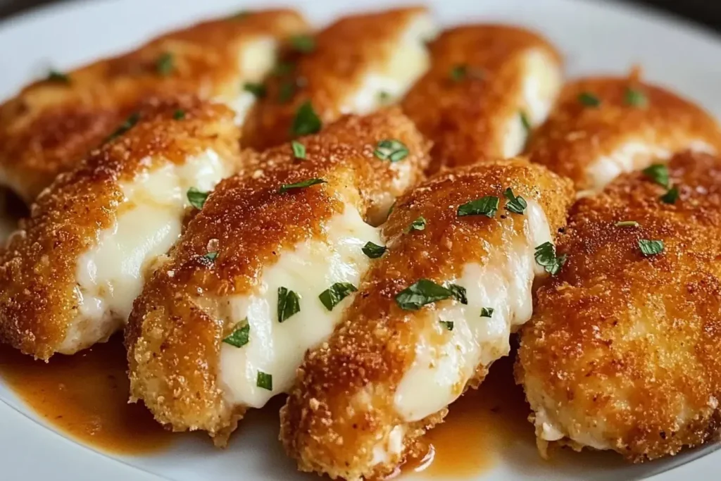 Golden-brown Mozzarella Lava Chicken Tenders with gooey melted cheese oozing out, garnished with fresh herbs.