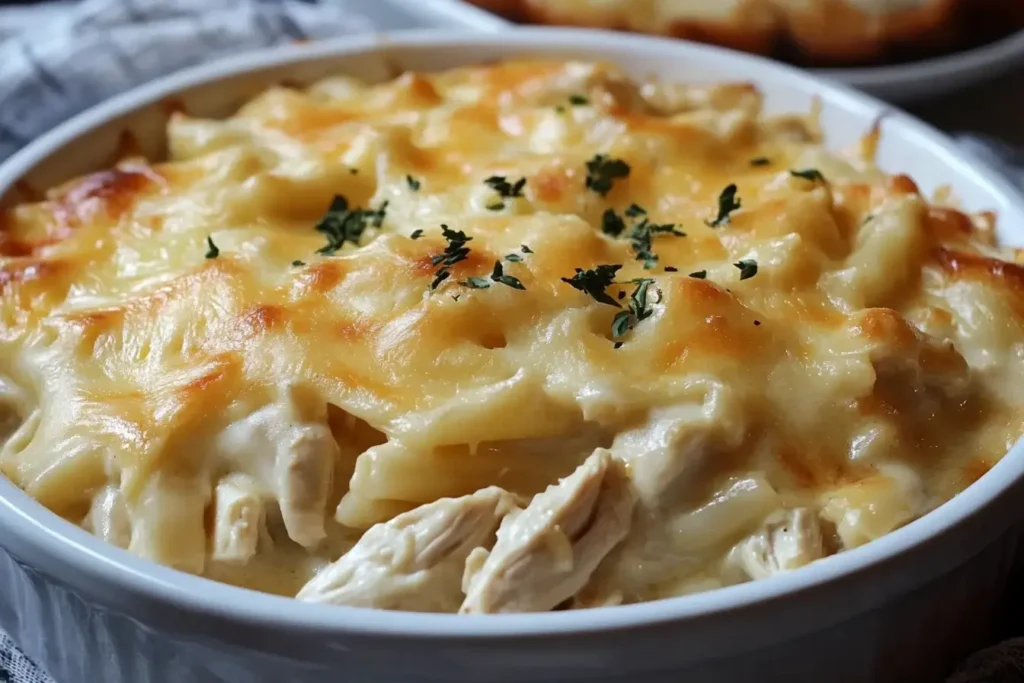 Creamy and cheesy Paula Deen’s Chicken Casserole fresh out of the oven in a white baking dish.