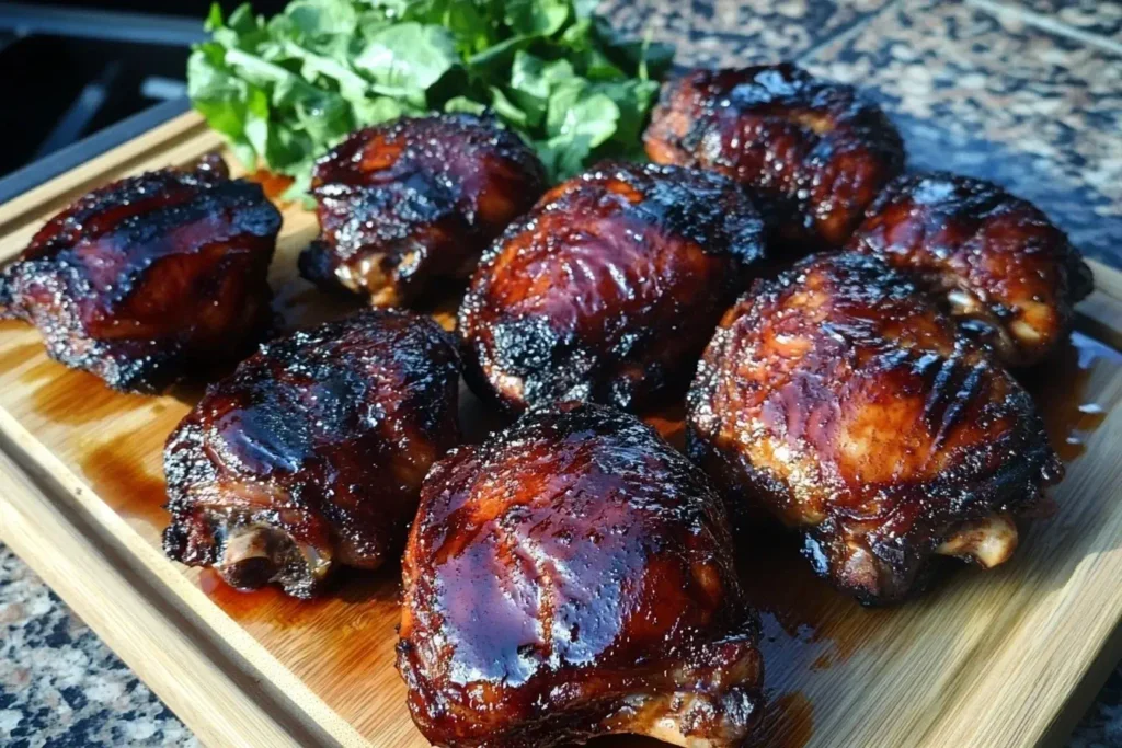 Smoked Chicken Thighs with caramelized BBQ glaze on a wooden board
