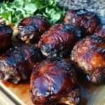 Smoked Chicken Thighs with caramelized BBQ glaze on a wooden board