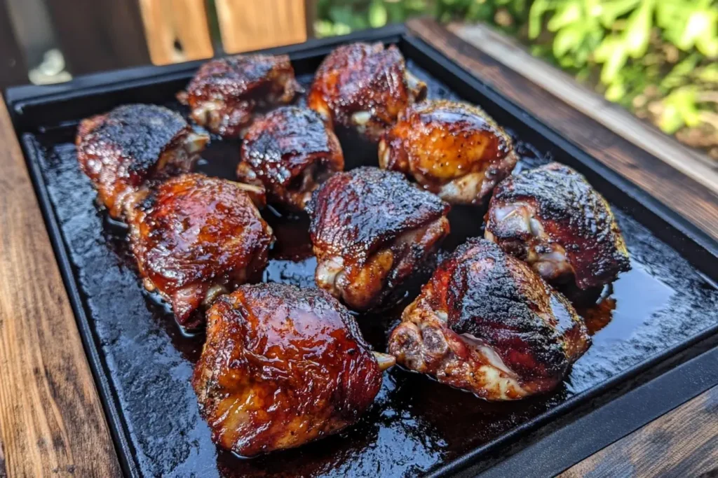 Smoked Chicken Thighs sizzling on a hot black grill tray