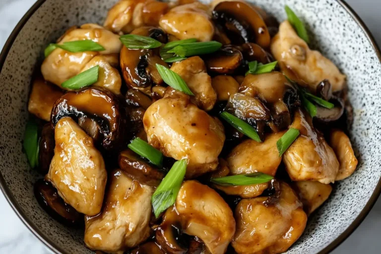 Garlic Mushroom Chicken Stir-Fry with sliced mushrooms and green onions in a savory sauce, served in a speckled bowl.