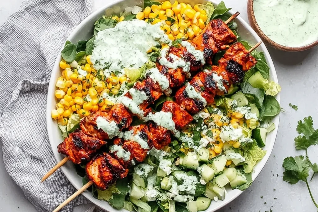 BBQ Chicken Skewer Salad with grilled chicken skewers, fresh lettuce, corn, cucumber, and creamy herb dressing in a healthy bowl
