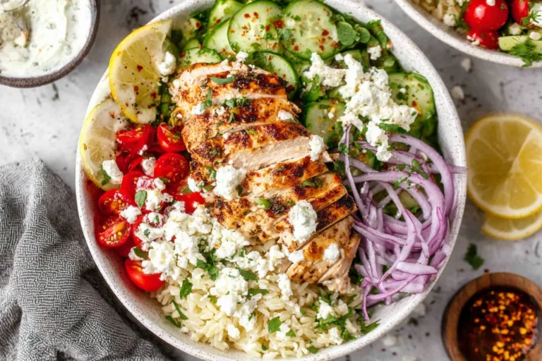 Greek Chicken Bowls with grilled chicken, rice, cucumber, cherry tomatoes, red onion, feta cheese, and lemon slices in a healthy Mediterranean meal