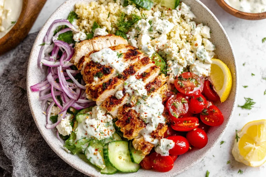 Greek Chicken Bowls with grilled chicken, tzatziki sauce, cucumber, cherry tomatoes, red onion, feta cheese, and couscous in a healthy Mediterranean bowl