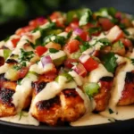 Grilled Applebee’s Fiesta Lime Chicken Copycat topped with creamy sauce, fresh pico de gallo, and lime slices on a black plate.