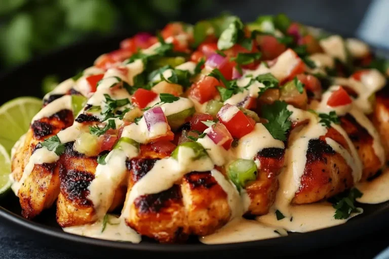 Grilled Applebee’s Fiesta Lime Chicken Copycat topped with creamy sauce, fresh pico de gallo, and lime slices on a black plate.