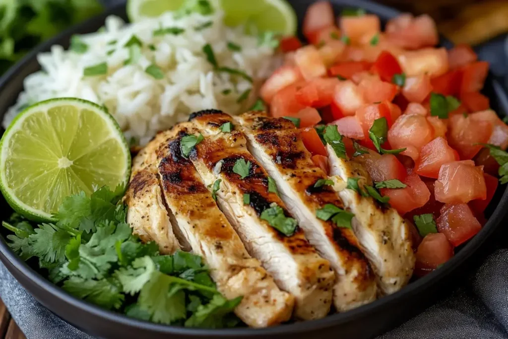 Sliced Applebee’s Fiesta Lime Chicken Copycat served with white rice, fresh tomatoes, lime, and cilantro in a black bowl.