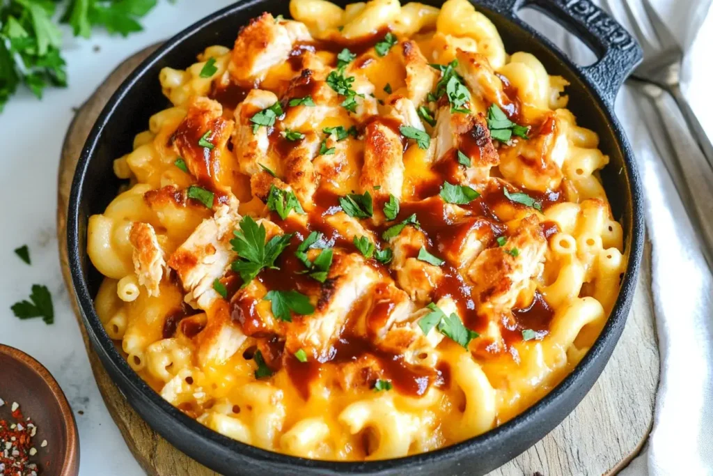 BBQ Chicken Mac and Cheese in a cast iron skillet topped with grilled chicken, BBQ sauce, and fresh parsley