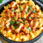 BBQ Chicken Mac and Cheese in a cast iron skillet topped with grilled chicken, BBQ sauce, and fresh parsley
