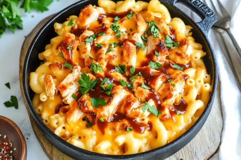BBQ Chicken Mac and Cheese in a cast iron skillet topped with grilled chicken, BBQ sauce, and fresh parsley