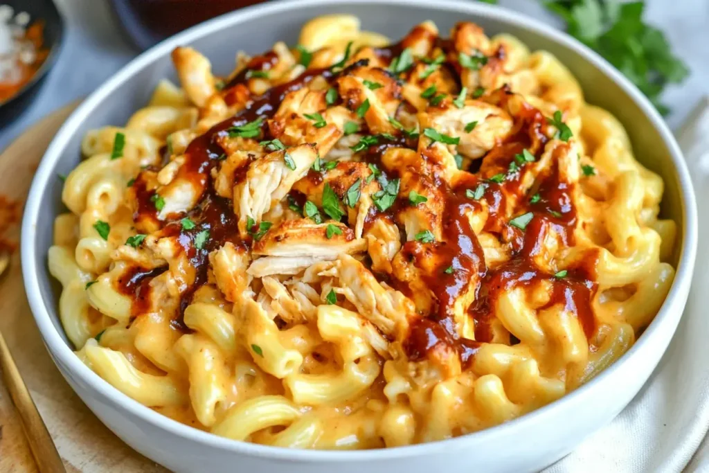 Close-up of BBQ Chicken Mac and Cheese topped with shredded chicken, BBQ sauce, and parsley in a white bowl