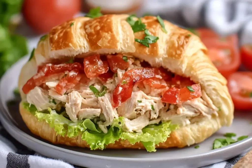 Croissant sandwich filled with BLT Chicken Salad, lettuce, and tomatoes