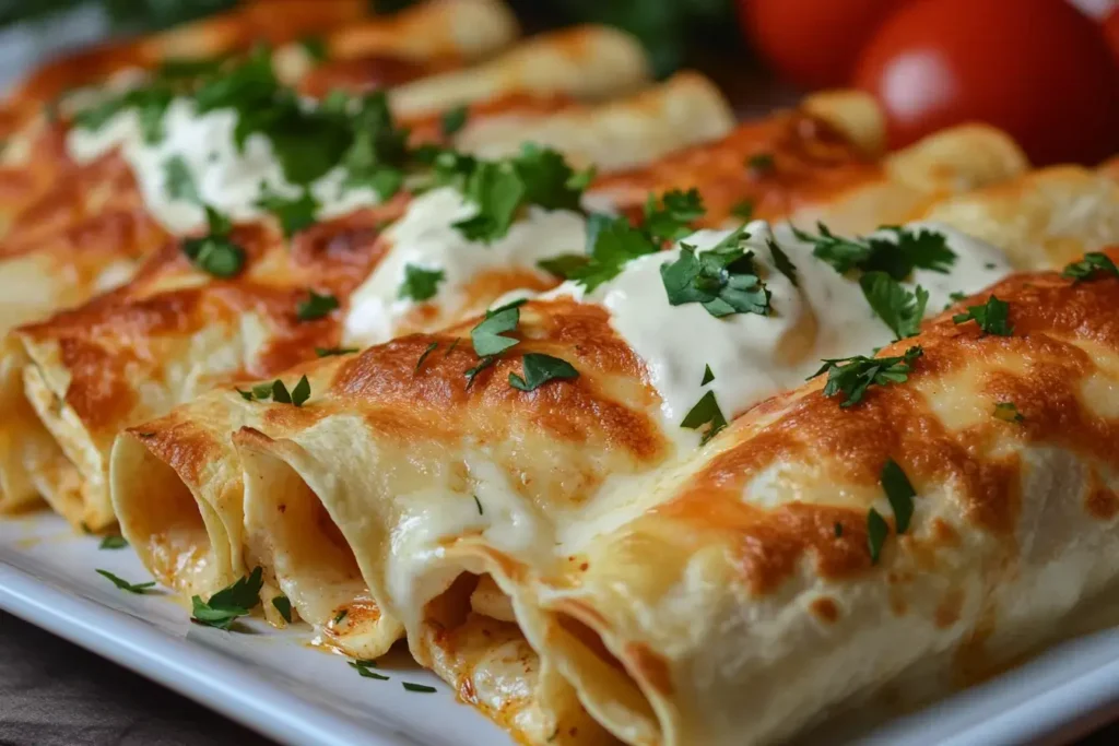 Freshly baked Baked Cream Cheese Chicken Taquitos topped with melted cheese and chopped cilantro.