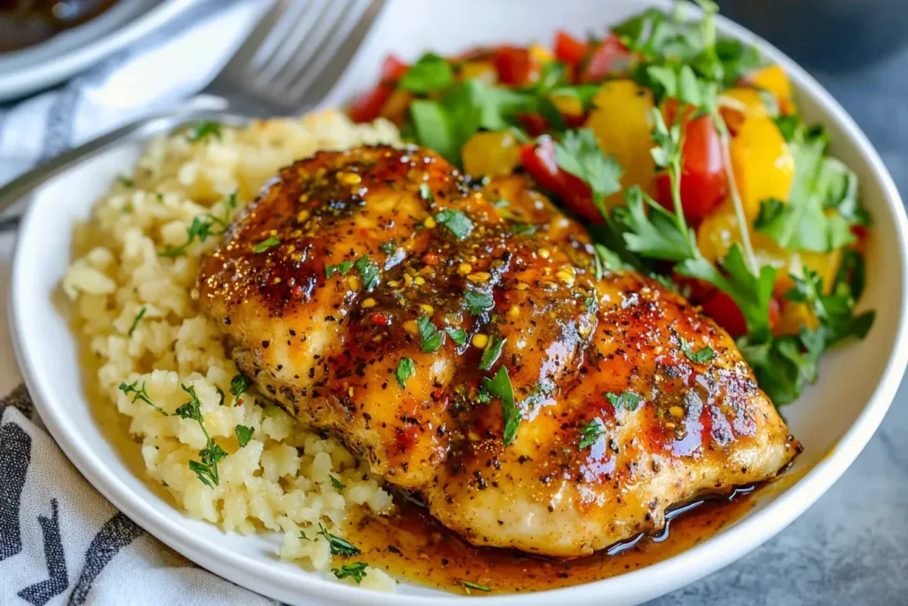 Easy Baked Honey Dijon Chicken served with rice and a fresh tomato herb salad on a white plate