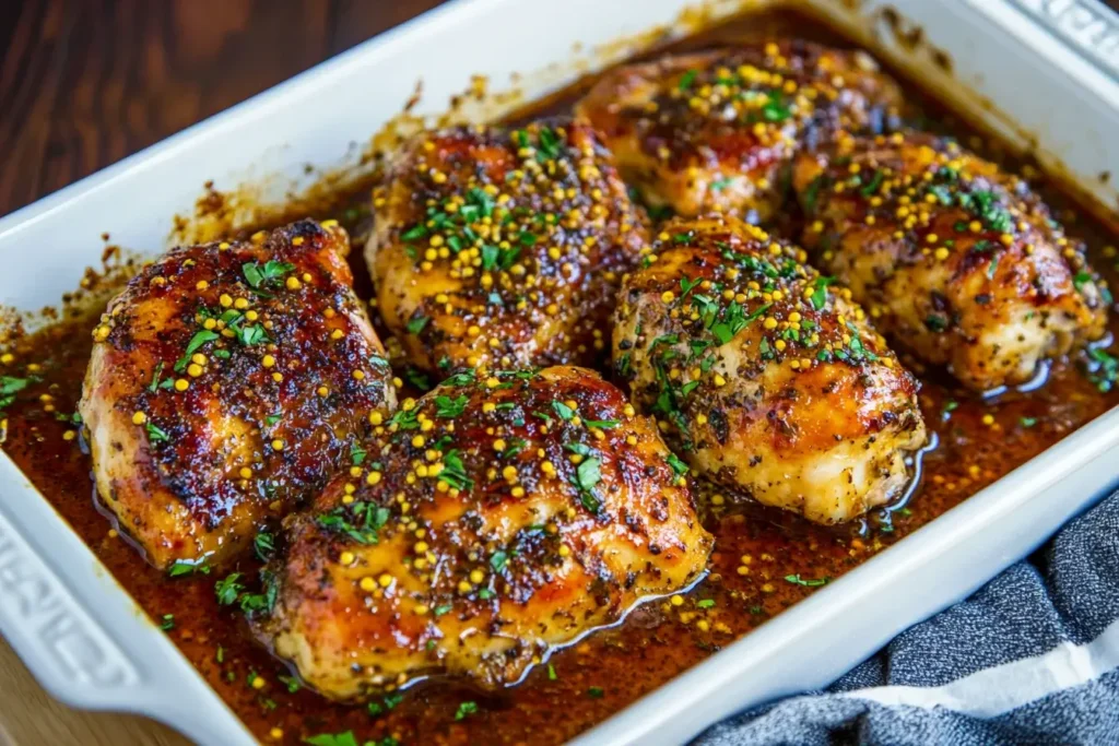 Easy Baked Honey Dijon Chicken in a white baking dish, garnished with herbs and whole grain mustard