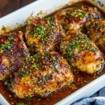 Easy Baked Honey Dijon Chicken in a white baking dish, garnished with herbs and whole grain mustard