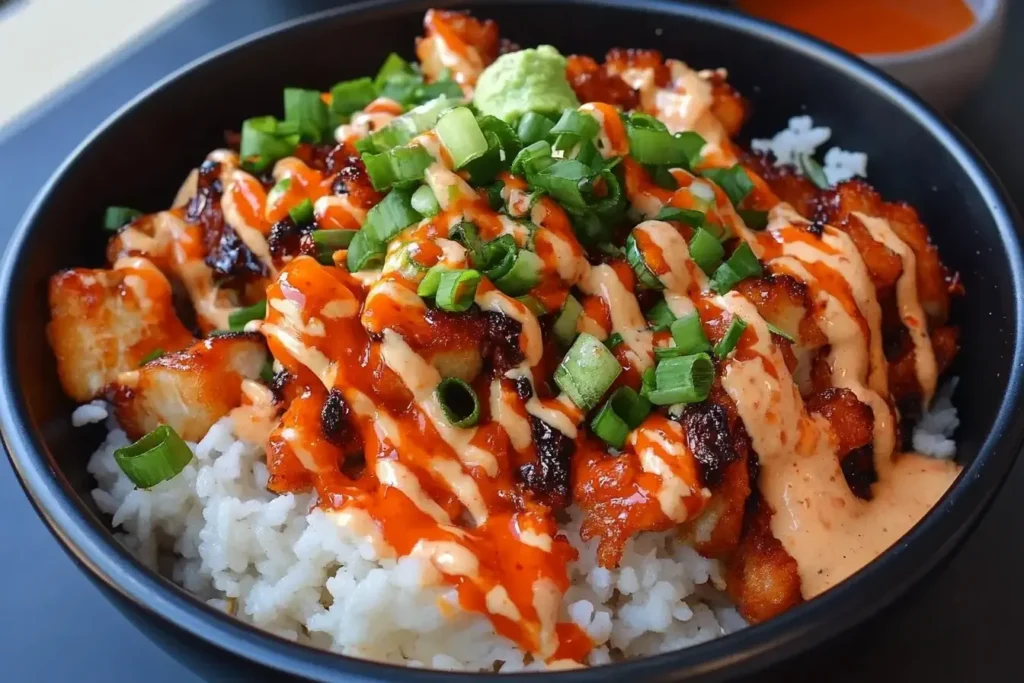 Close-up of a Bang Bang Chicken Bowl with crispy chicken, white rice, spicy mayo, and green onions