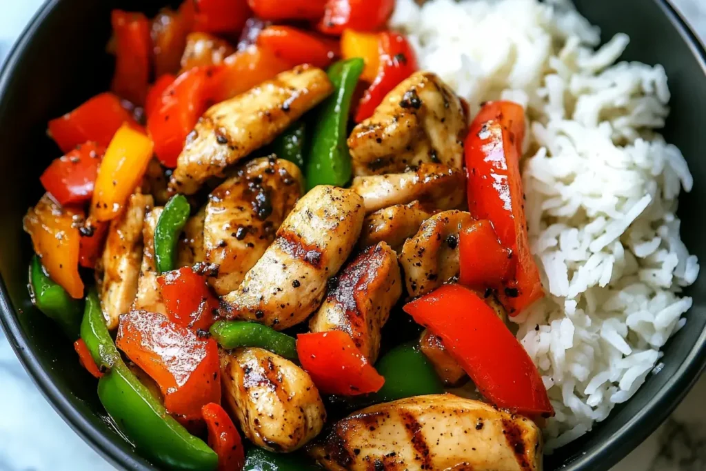 Grilled chicken and colorful peppers served with rice in a Black Pepper Chicken Recipe bowl.