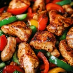 Close-up of juicy chicken and colorful bell peppers in a sizzling Black Pepper Chicken Recipe stir-fry.