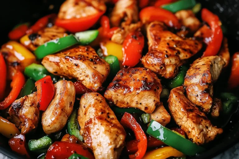 Close-up of juicy chicken and colorful bell peppers in a sizzling Black Pepper Chicken Recipe stir-fry.