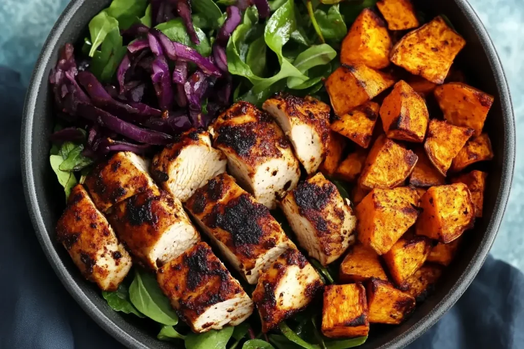 Blackened Chicken and Sweet Potato Bowls with roasted sweet potatoes, greens, and seared chicken breast in a black bowl.