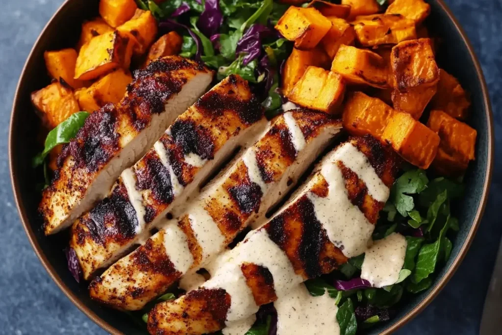 Blackened Chicken and Sweet Potato Bowls drizzled with creamy avocado dressing, served over greens and roasted sweet potatoes.