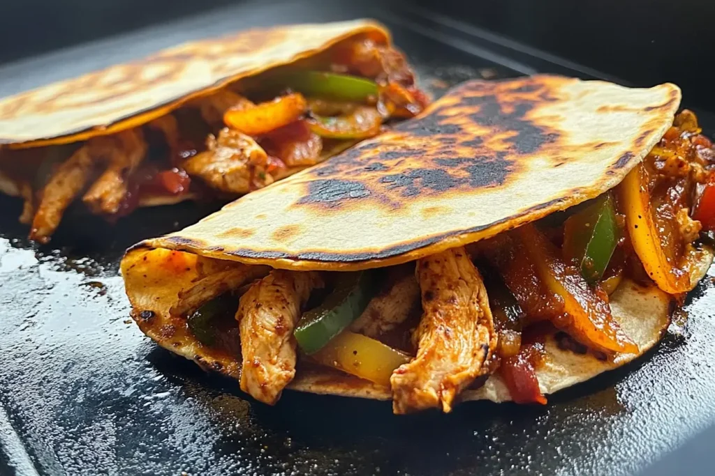 Blackstone Chicken Fajita Quesadillas sizzling on a hot griddle with melted cheese, chicken strips, and colorful peppers.