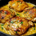 Golden, crispy chicken thighs simmering in a creamy garlic sauce – Bobby Flay's Chicken Thighs Recipe cooked to perfection in a skillet.