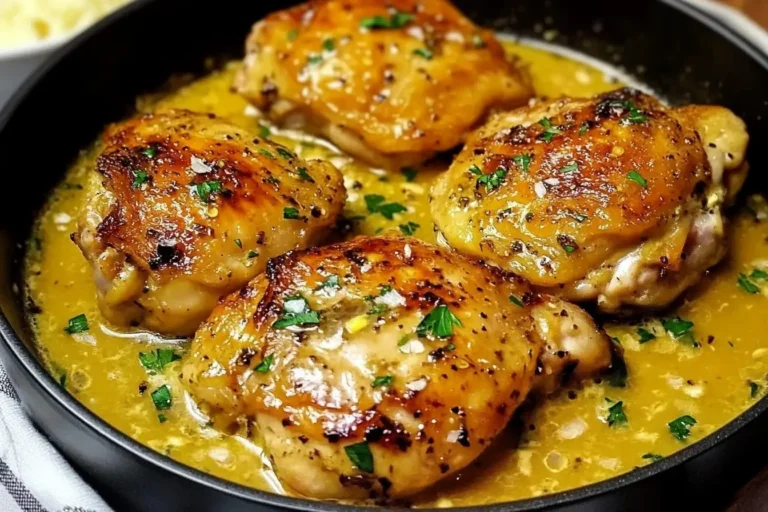 Golden, crispy chicken thighs simmering in a creamy garlic sauce – Bobby Flay's Chicken Thighs Recipe cooked to perfection in a skillet.