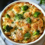 Golden baked Broccoli Chicken Divan casserole topped with melted cheese and crisp breadcrumbs in a white baking dish.