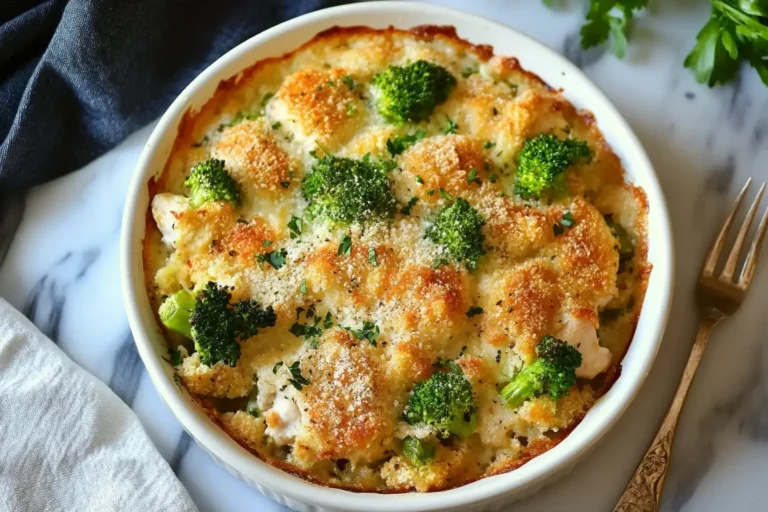 Golden baked Broccoli Chicken Divan casserole topped with melted cheese and crisp breadcrumbs in a white baking dish.