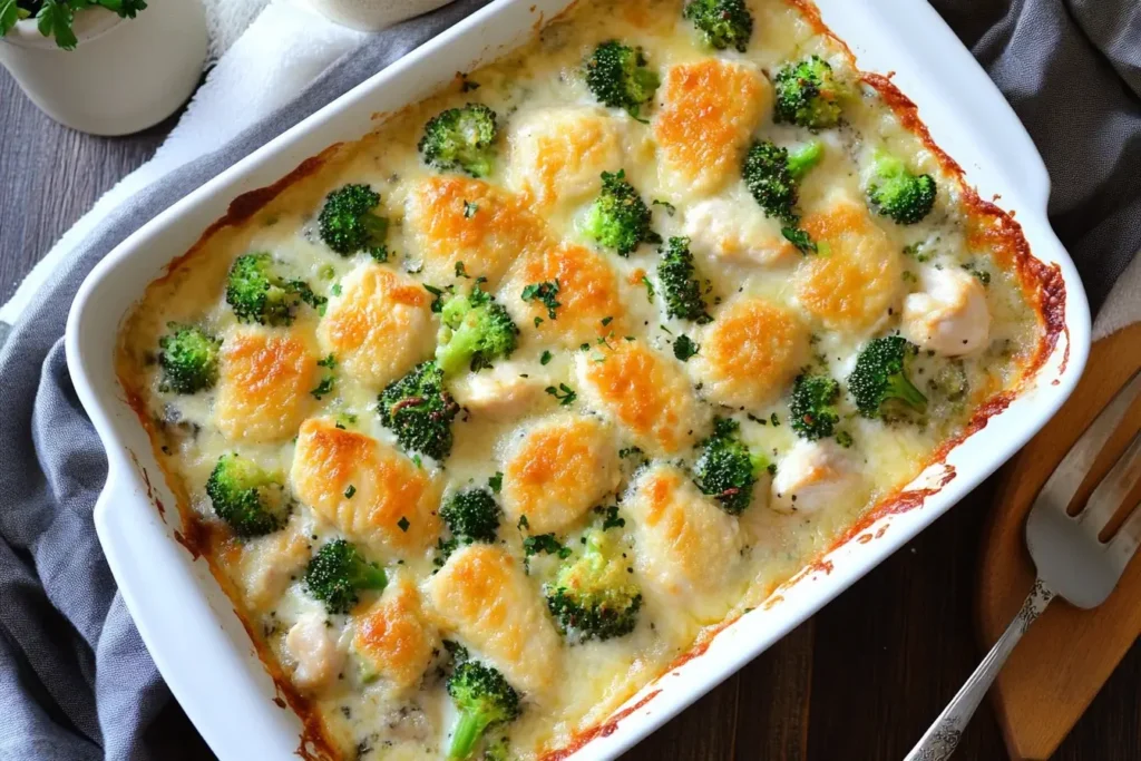 Cheesy Broccoli Chicken Divan casserole baked in a white dish with golden brown topping and tender broccoli florets.
