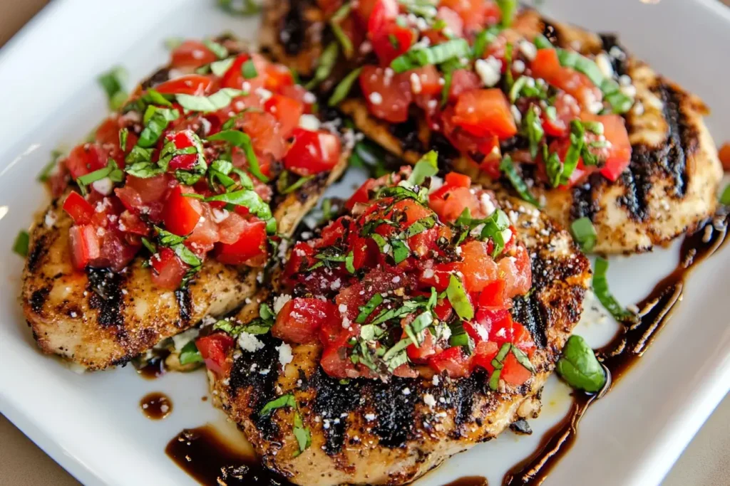 Grilled Bruschetta Chicken topped with fresh tomatoes, basil, and balsamic glaze