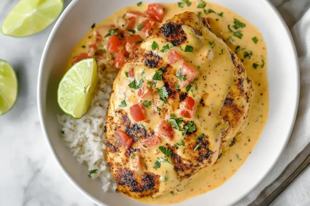 Cajun Chicken served over rice with creamy sauce, tomatoes, and lime