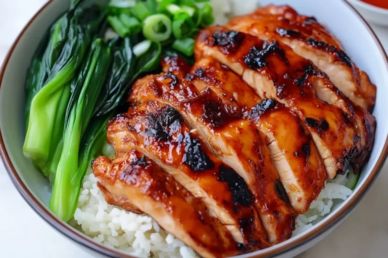 Char Siu Chicken glazed and sliced over white rice with bok choy and green onions