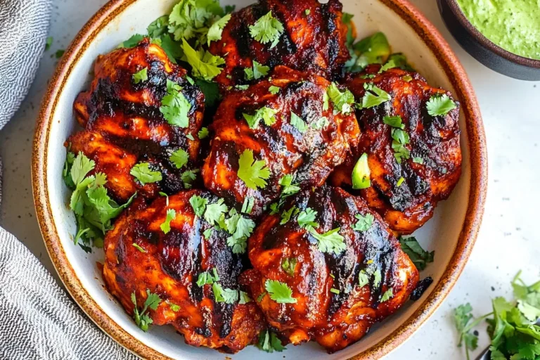 Grilled Chicken Asado topped with fresh cilantro in a rustic bowl