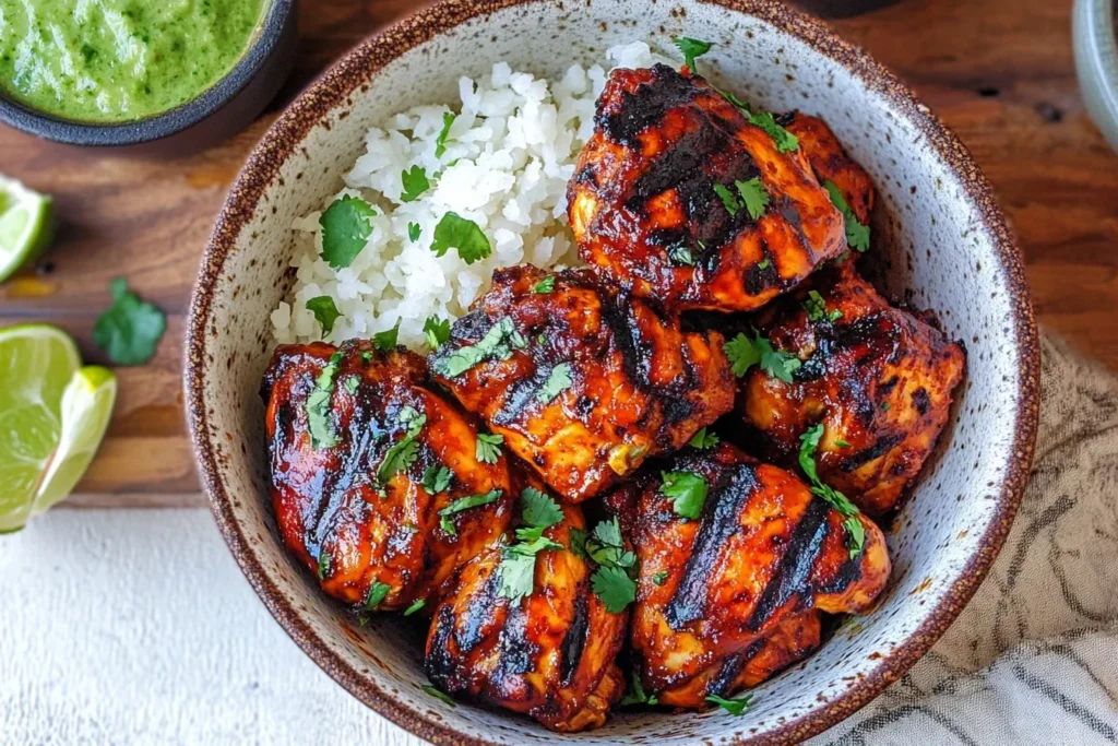 Chicken Asado served with cilantro lime rice in a rustic bowl