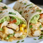 Chicken Avocado Ranch Burritos filled with juicy chicken, avocado, corn, and fresh veggies on a white plate.