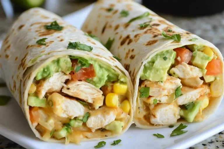 Chicken Avocado Ranch Burritos filled with juicy chicken, avocado, corn, and fresh veggies on a white plate.