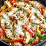 Chicken Cheesesteak Skillet with melted provolone, bell peppers, and seasoned chicken in a cast iron pan