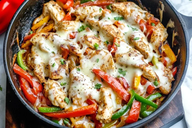 Chicken Cheesesteak Skillet with melted provolone, bell peppers, and seasoned chicken in a cast iron pan