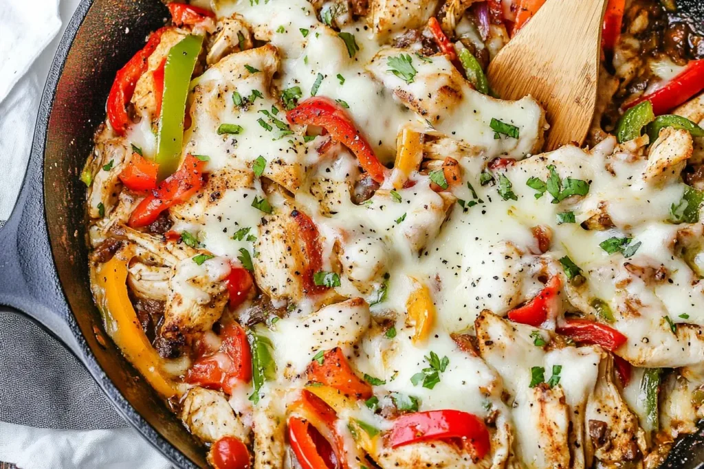 Chicken Cheesesteak Skillet with melted cheese, peppers, and shredded chicken in a cast iron pan