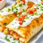 Golden, crispy Chicken Chimichangas topped with sour cream, diced tomatoes, and avocado on a white plate.